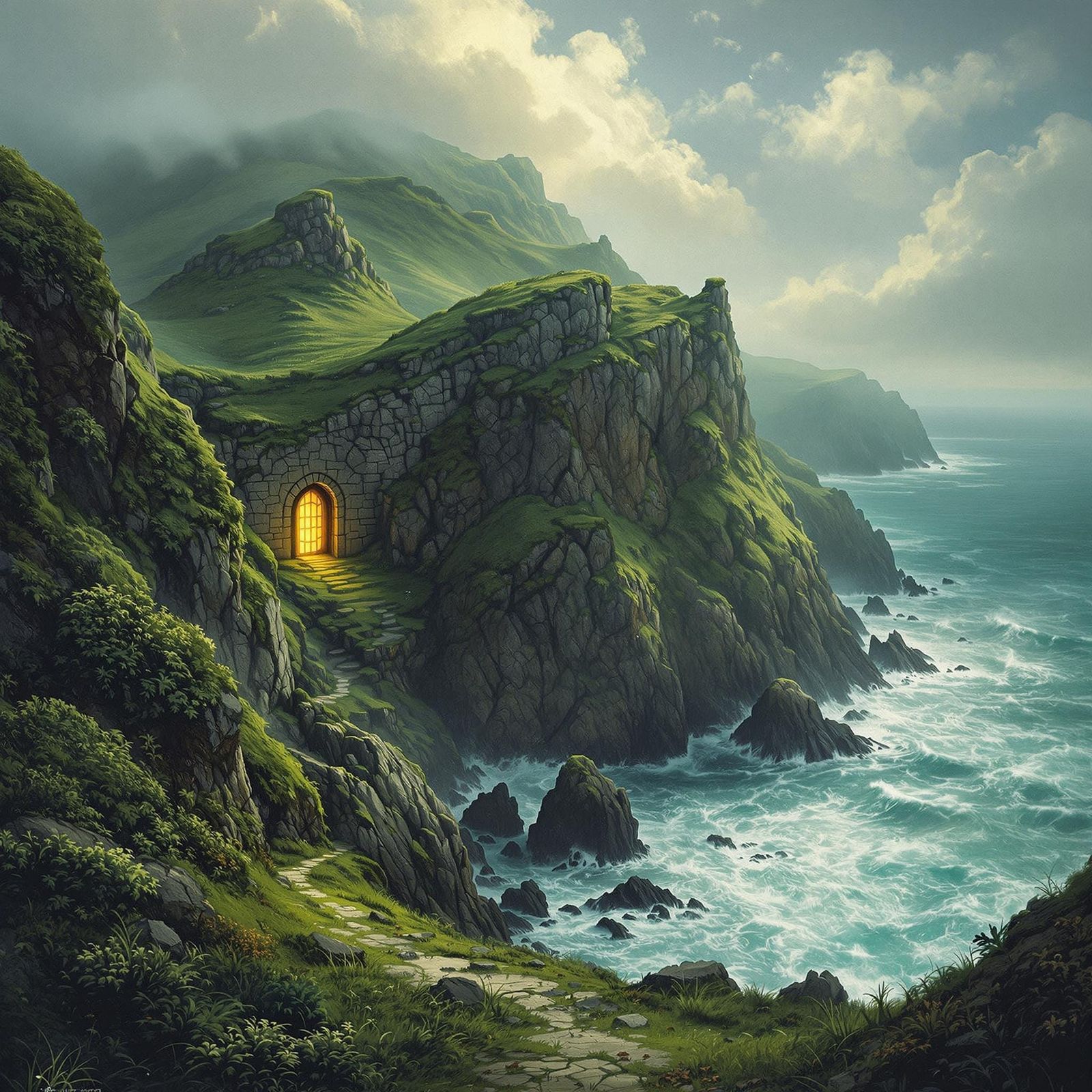 Mystical Hillside Doorway Overlooking Turquoise Ocean