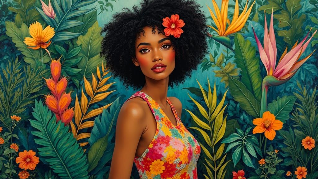 Tropical Woman in Lush Jungle, Post-Impressionist Style
