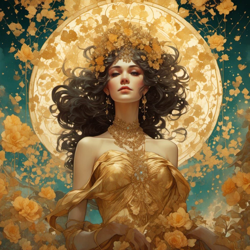 Woman in Gold Gown, Alphonse Mucha Style