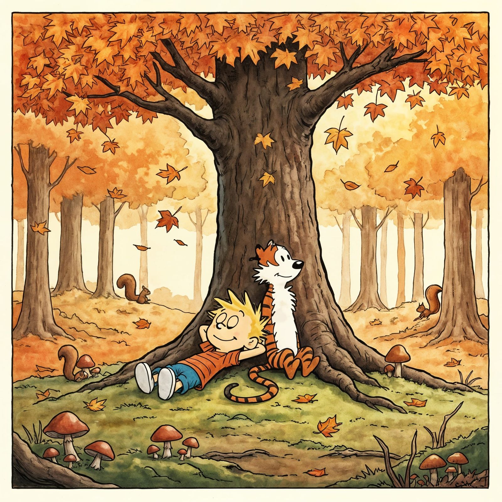 Calvin and Hobbes in Autumn Forest, Cartoon Style