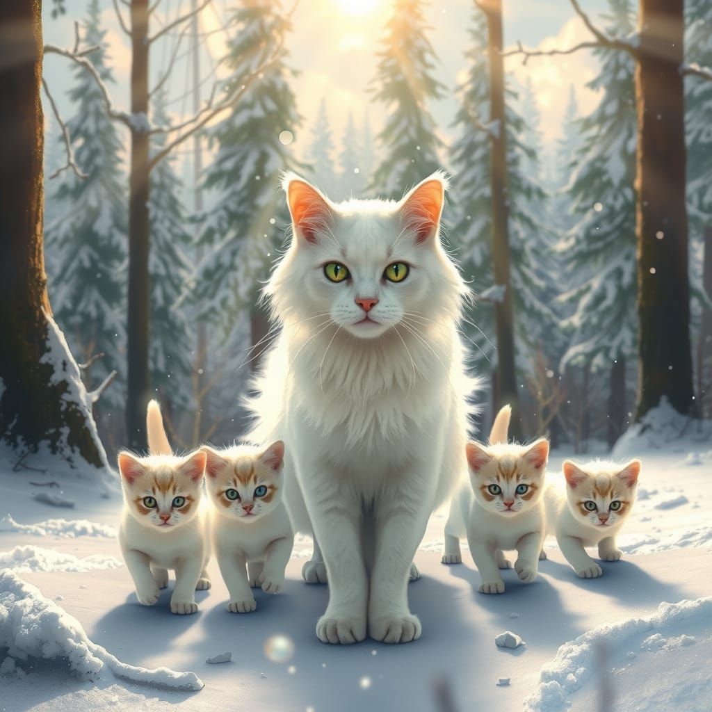 "A majestic white mother cat with her 4 little kittens walki...