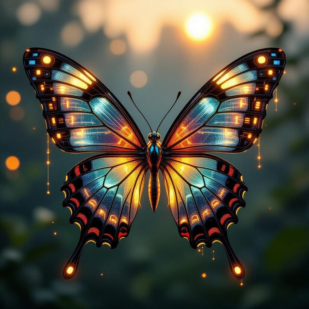 Cybernetic Butterfly with Glowing Circuits in Futuristic Sty...