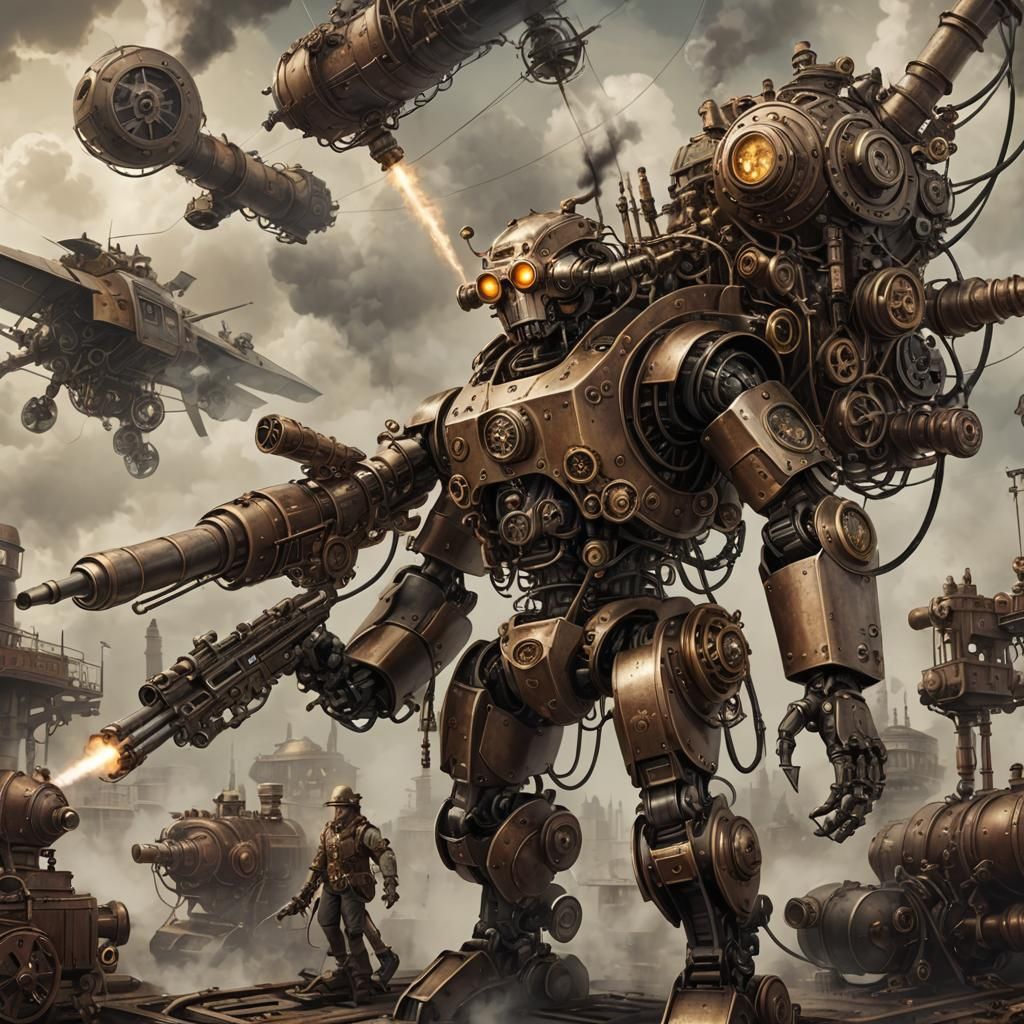 Steampunk Robot Sniper Aboard Electrical Aircraft