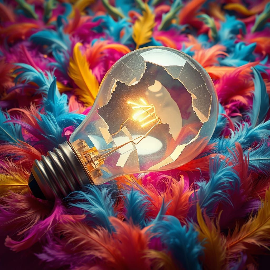 Surreal Broken Bulb with Feathers