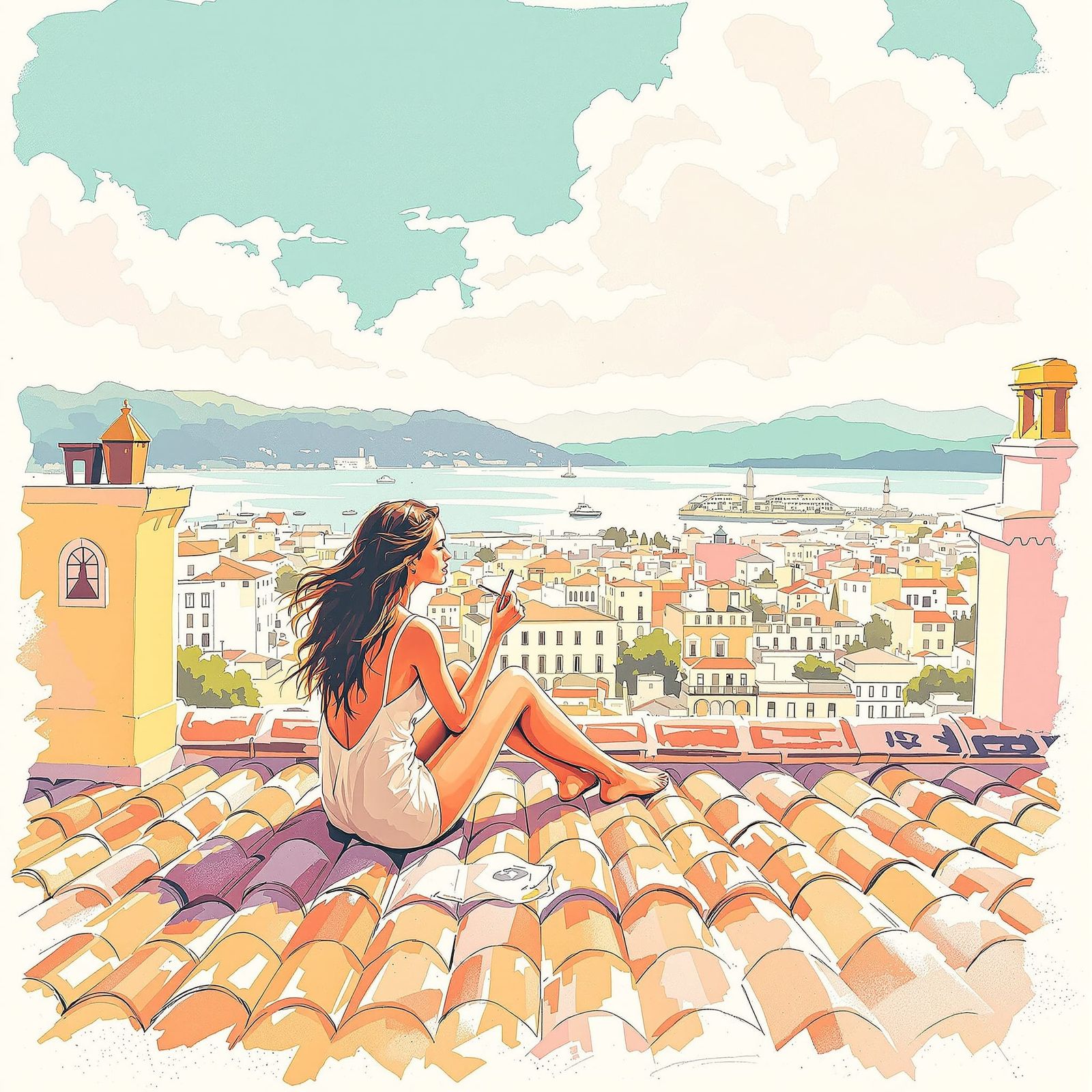 Woman on Nice Rooftop in Pastel Glow