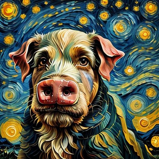 Pigs Fly at Sunset Over Pumpkin Field in Van Gogh Style