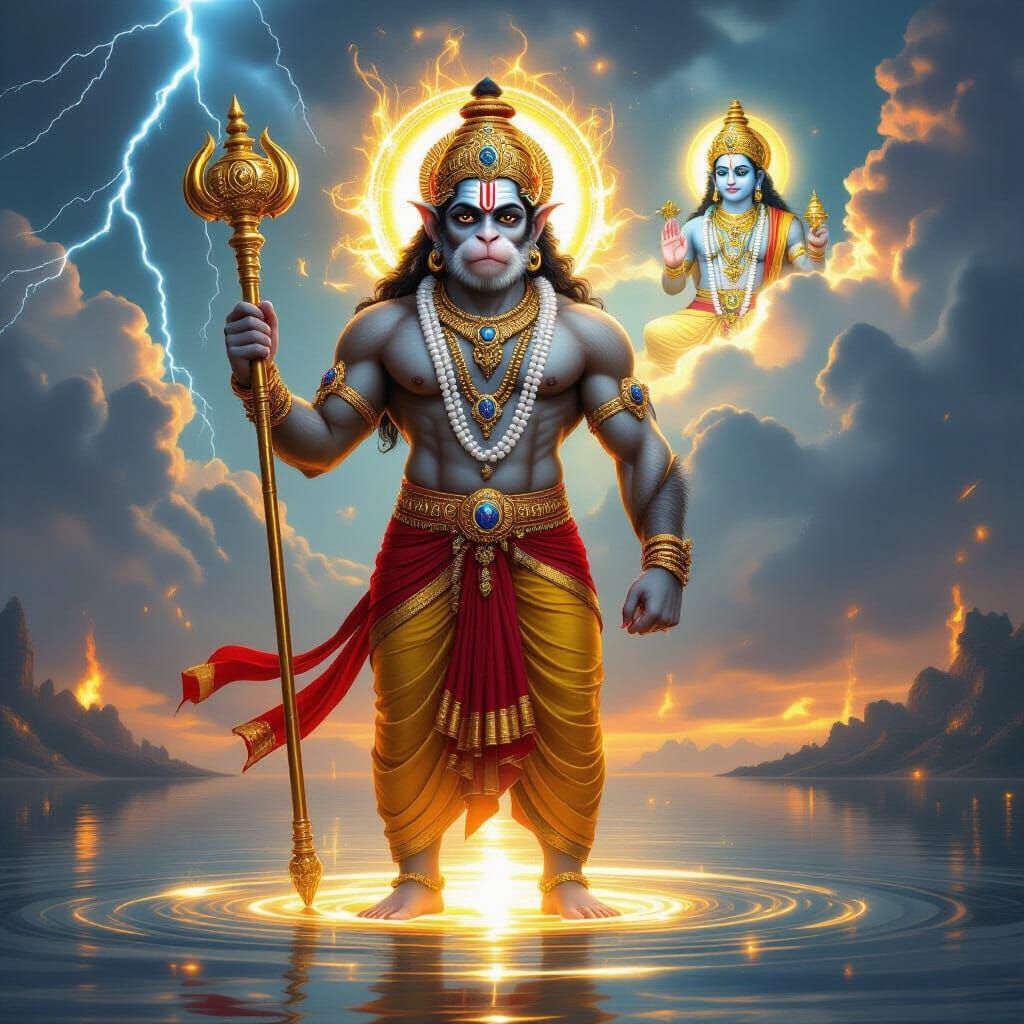 Lord Hanuman in Divine Aura Above Glowing Water with Lord Ra...