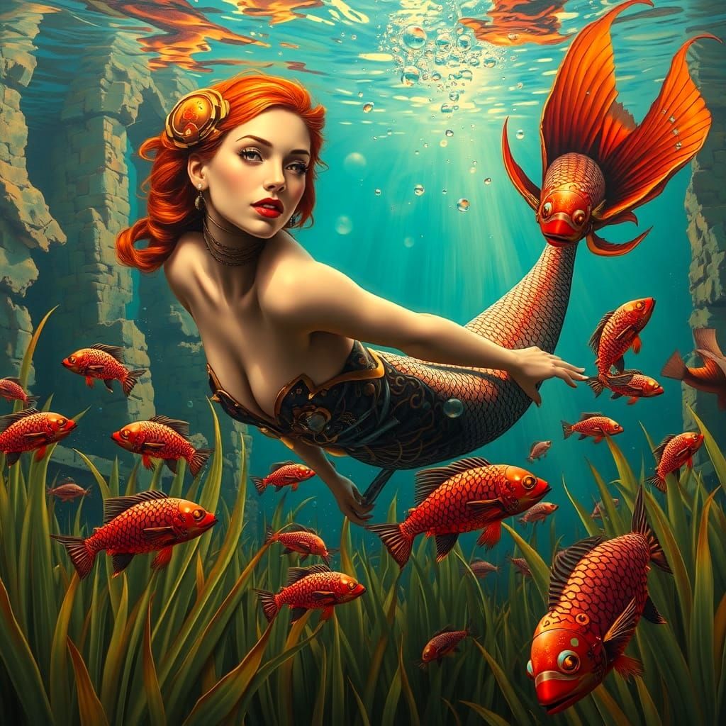 Mechanical Mermaid in Art Nouveau Oil Painting