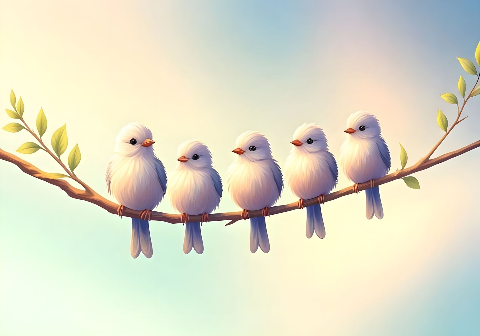 Whimsical Birds Perched on a Branch in Soft Pastel Colors