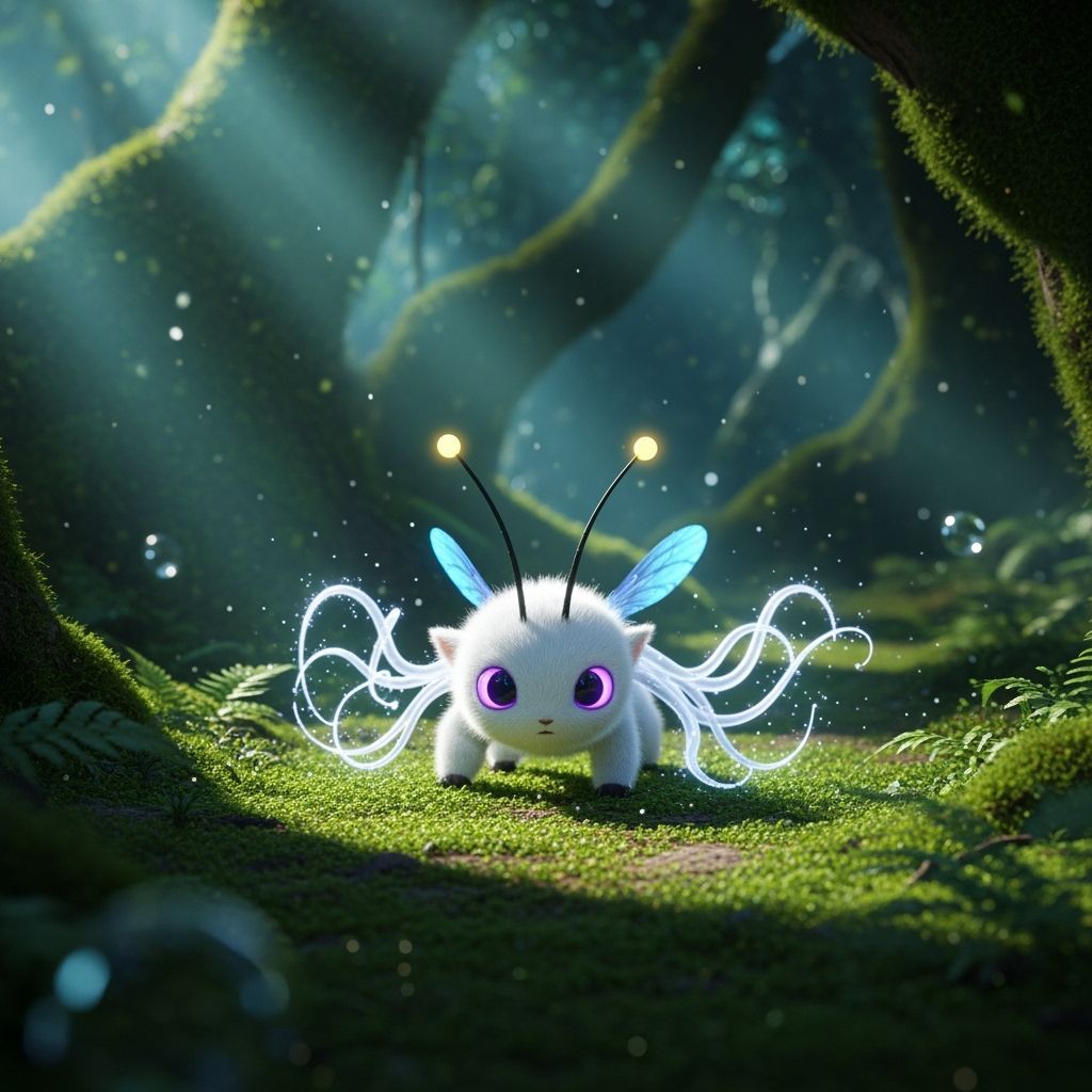 Fluffy Fantasy Creature with Bioluminescent Wings in Enchant...