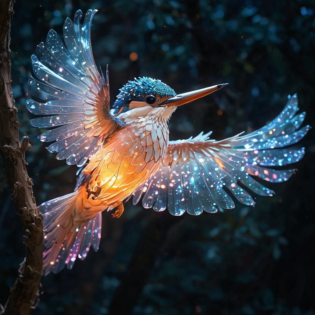 Glowing Quantum Kingfisher in a Celestial Midnight Forest