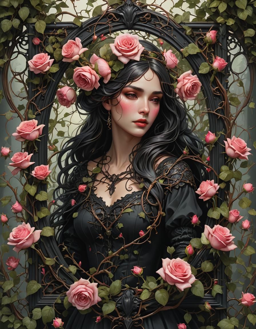 Rose Vines Entwined Around Gothic Frame Portrait