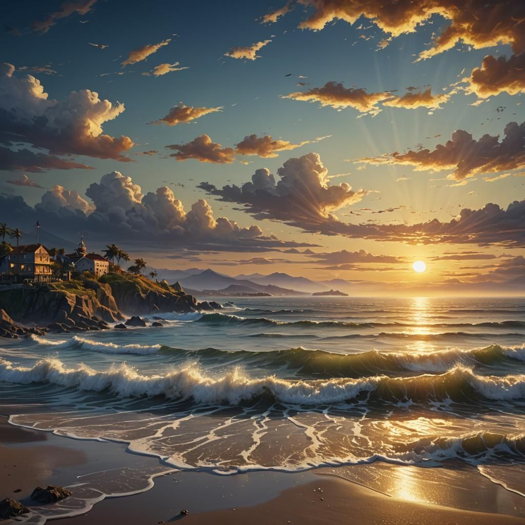 Golden Sunrise Over Bay: Detailed Digital Art