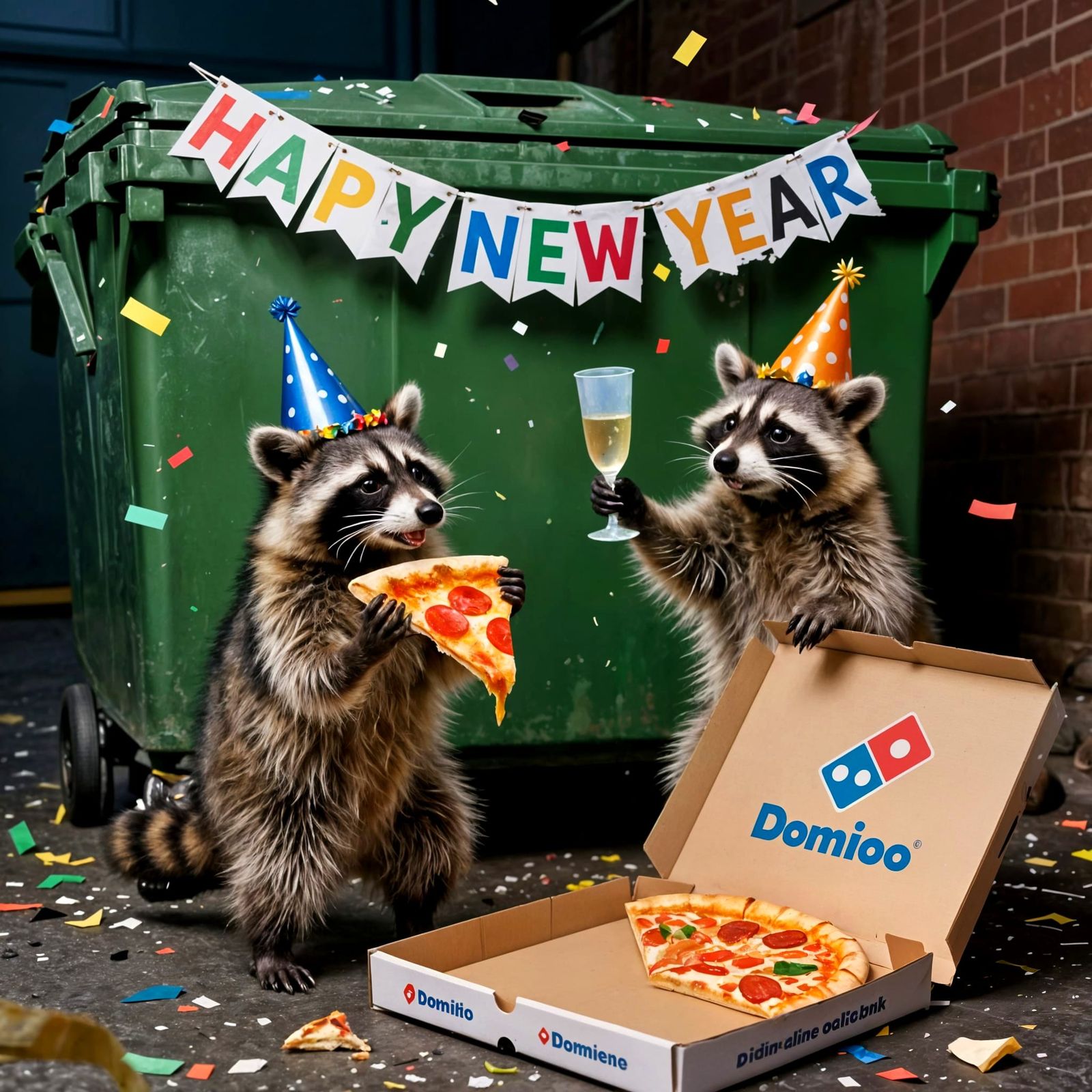 Raccoons Celebrate New Year's Eve in Alley