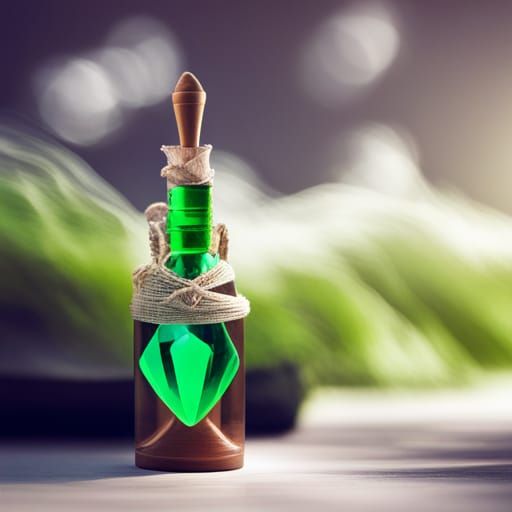 Luminous Green Crystal in Glass Bottle