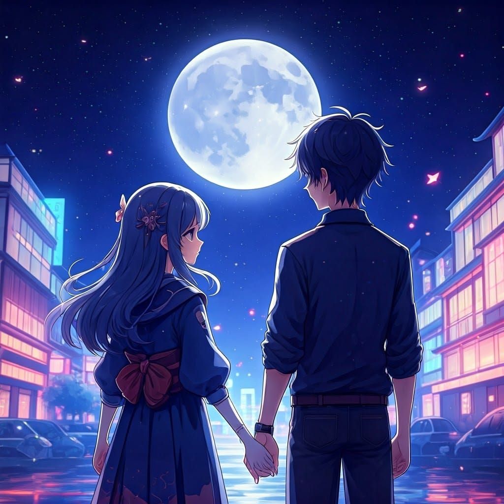 Whimsical Moonlit Couple Under Tokyo Cityscapes