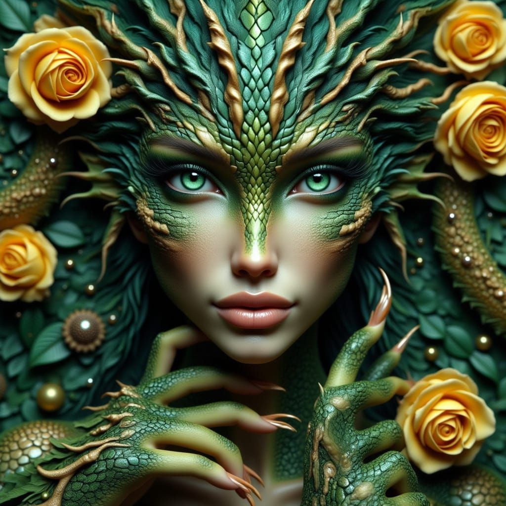 Green Crocodile Hybrid Woman with Roses