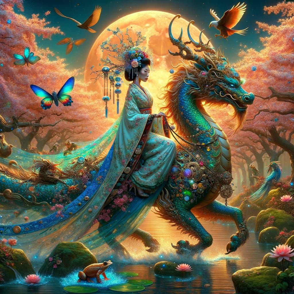 Geisha Rides Qilin in Cherry Blossom Orchard