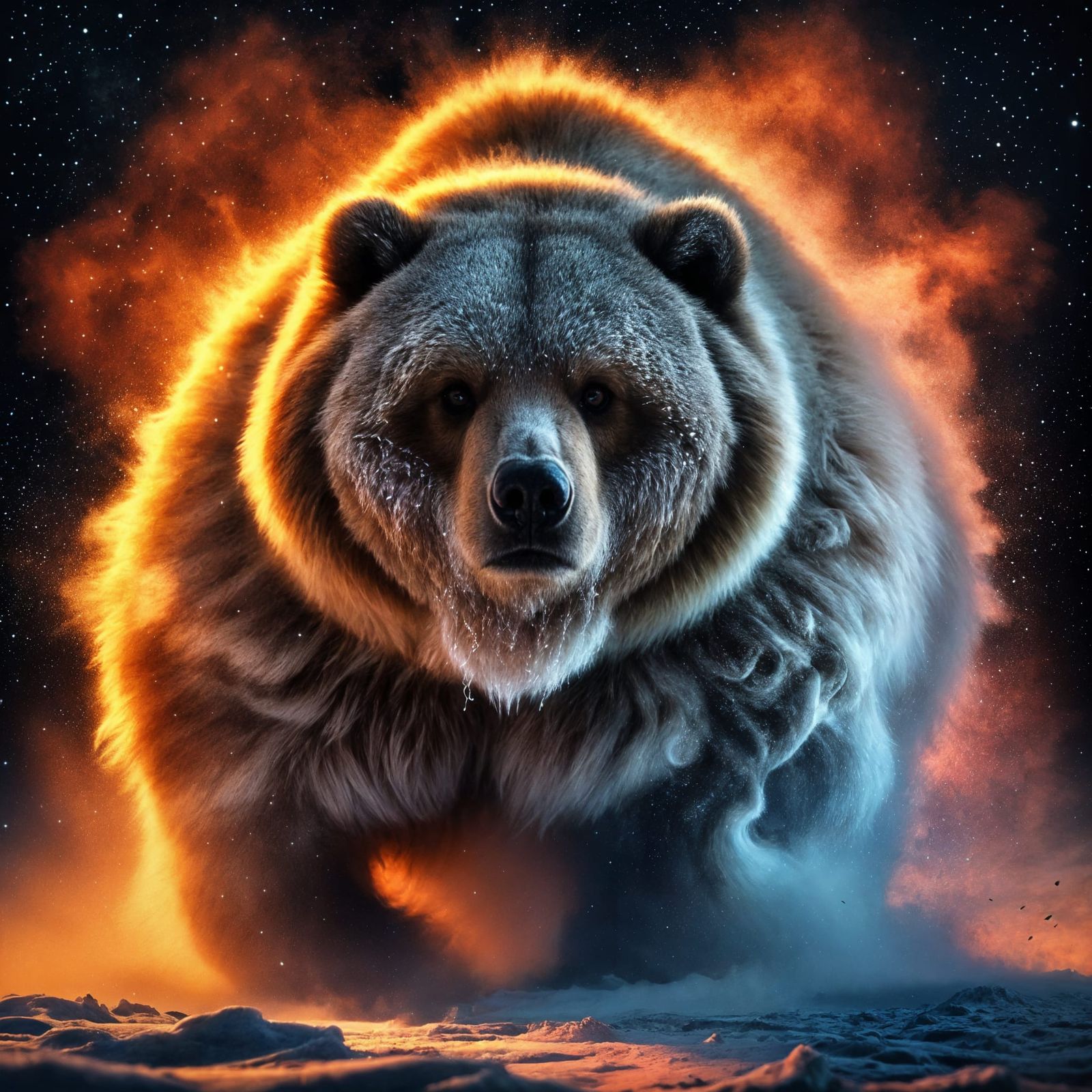 Ethereal Kodiak Bear Surrounded by Glowing Smoke in the Arct...
