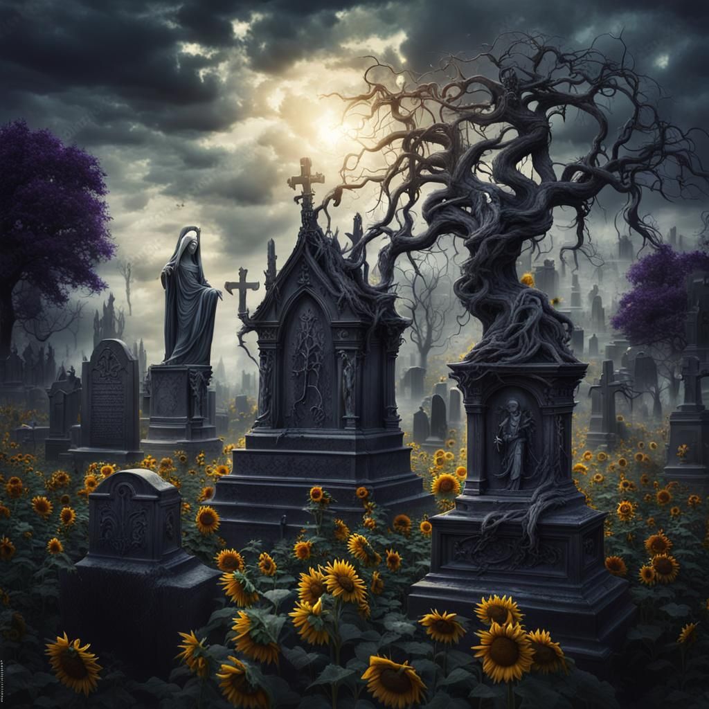 Mysterious Gothic Cemetery Concept Art in Deep Hues