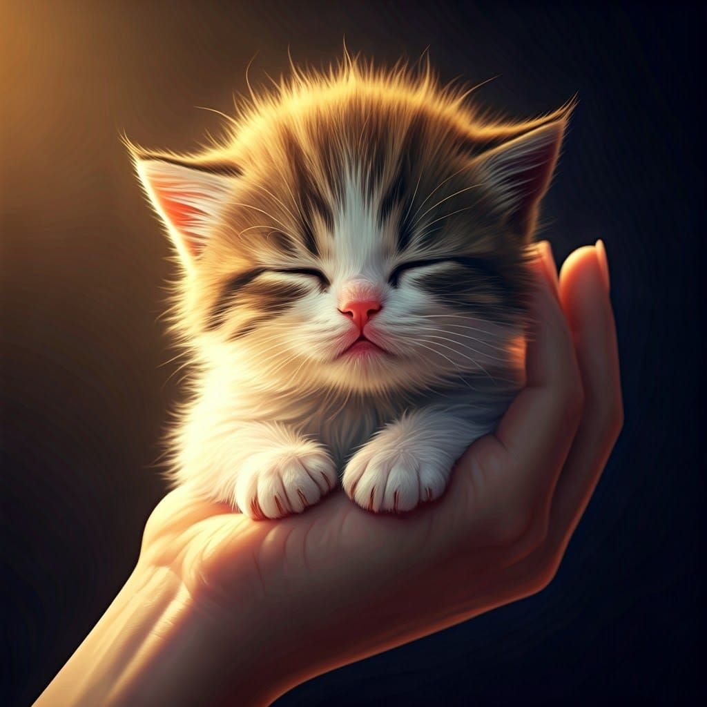 Sleeping Kitten on Hand: Photorealistic Digital Art