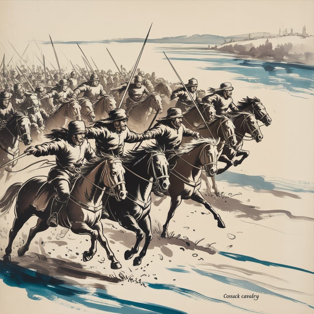 Cossack Cavalry Charge: Dramatic Ink Drawing with Color Acce...