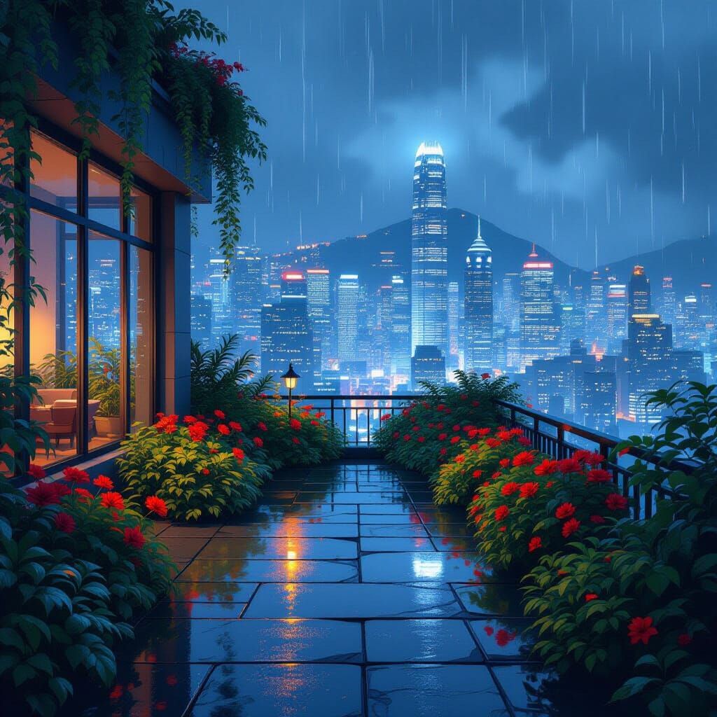 Rain-Soaked Rooftop Garden in a Futuristic Cityscape