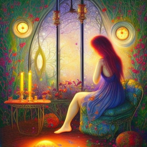 Woman in Floral Room with Wine, Gouache Painting