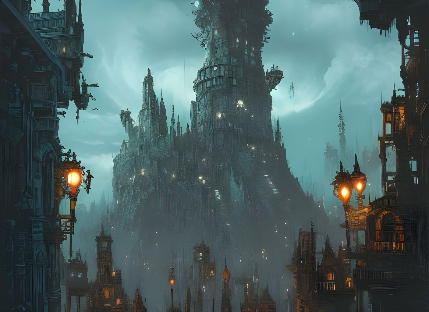 Surreal Castle Cityscape Under Alien Skies