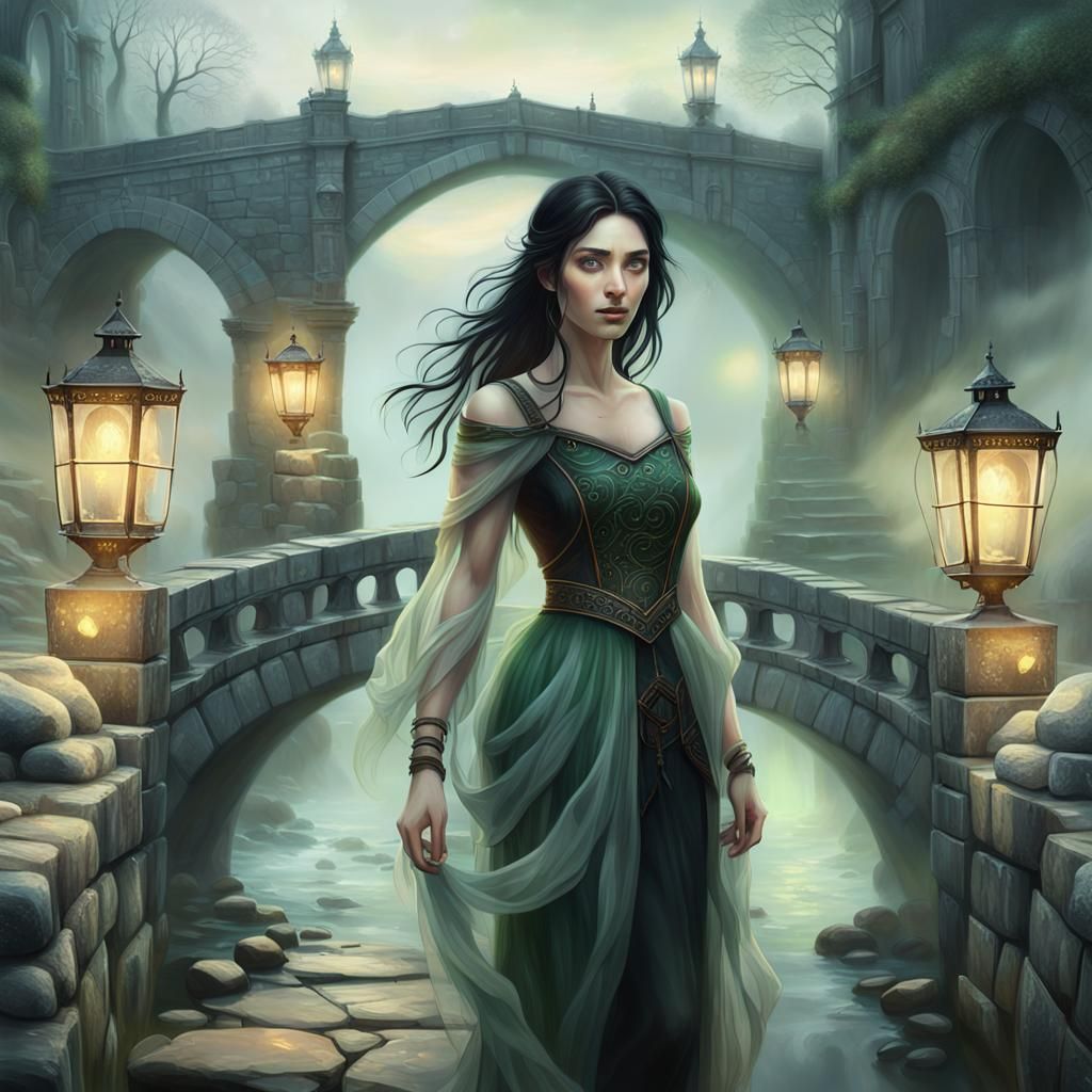 Ethereal Woman on Misty Bridge: Fantasy Concept Art