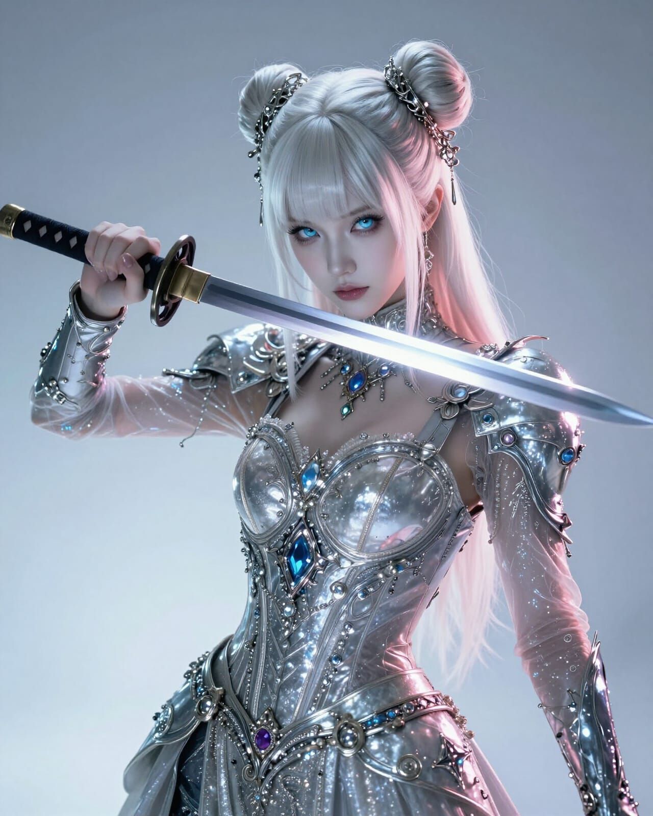 Cyberpunk Warrior Girl with Katana in Studio Light