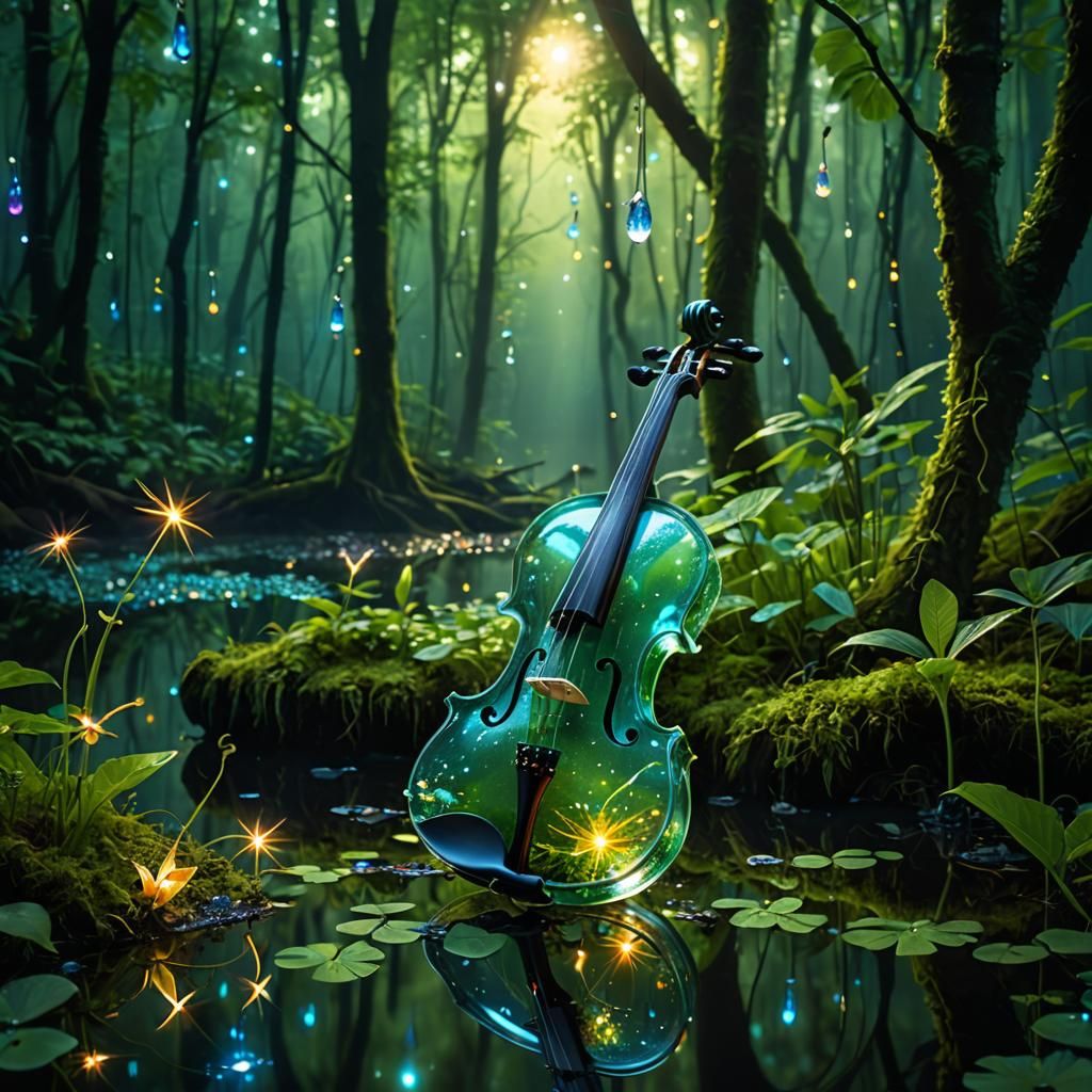 Surreal Glass Violin and Saxophone in Woods