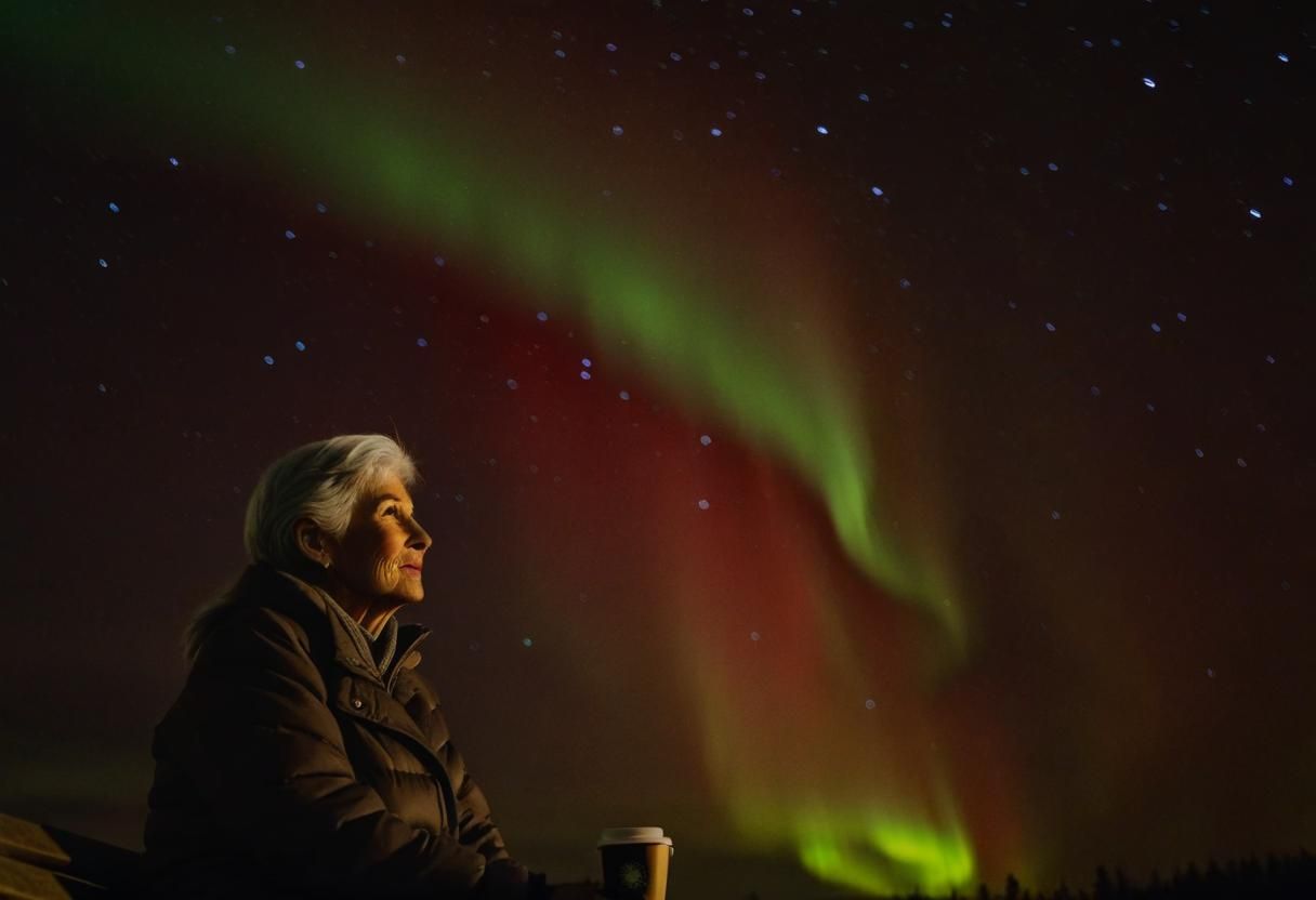 Woman Watching Northern Lights With Coffee