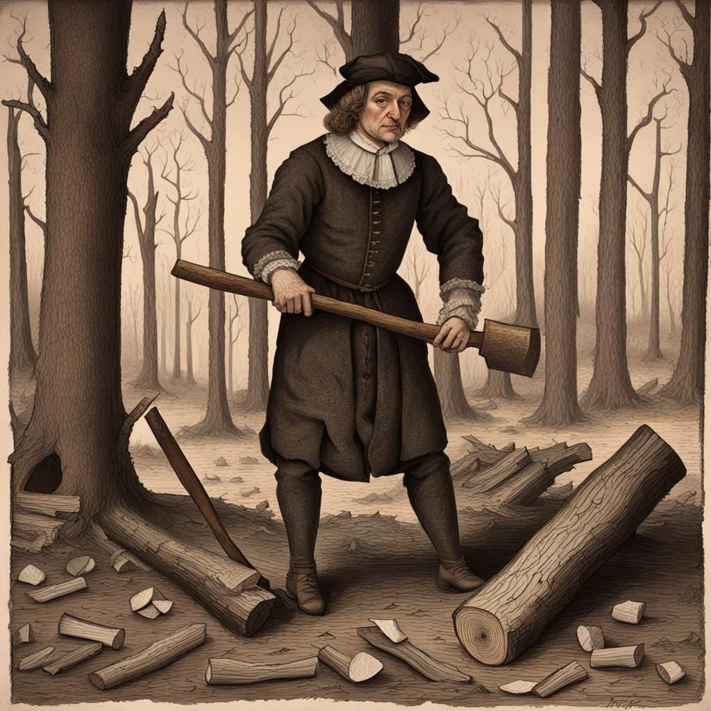 Tudor Man Chopping Wood in 19th Century Style