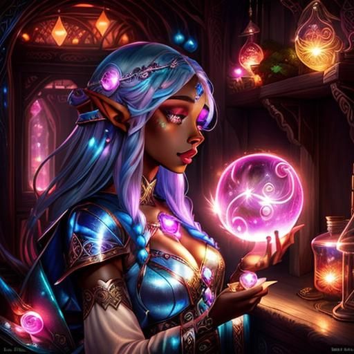 Mythical Drow Elf with Dragon in Retrofuturism Style