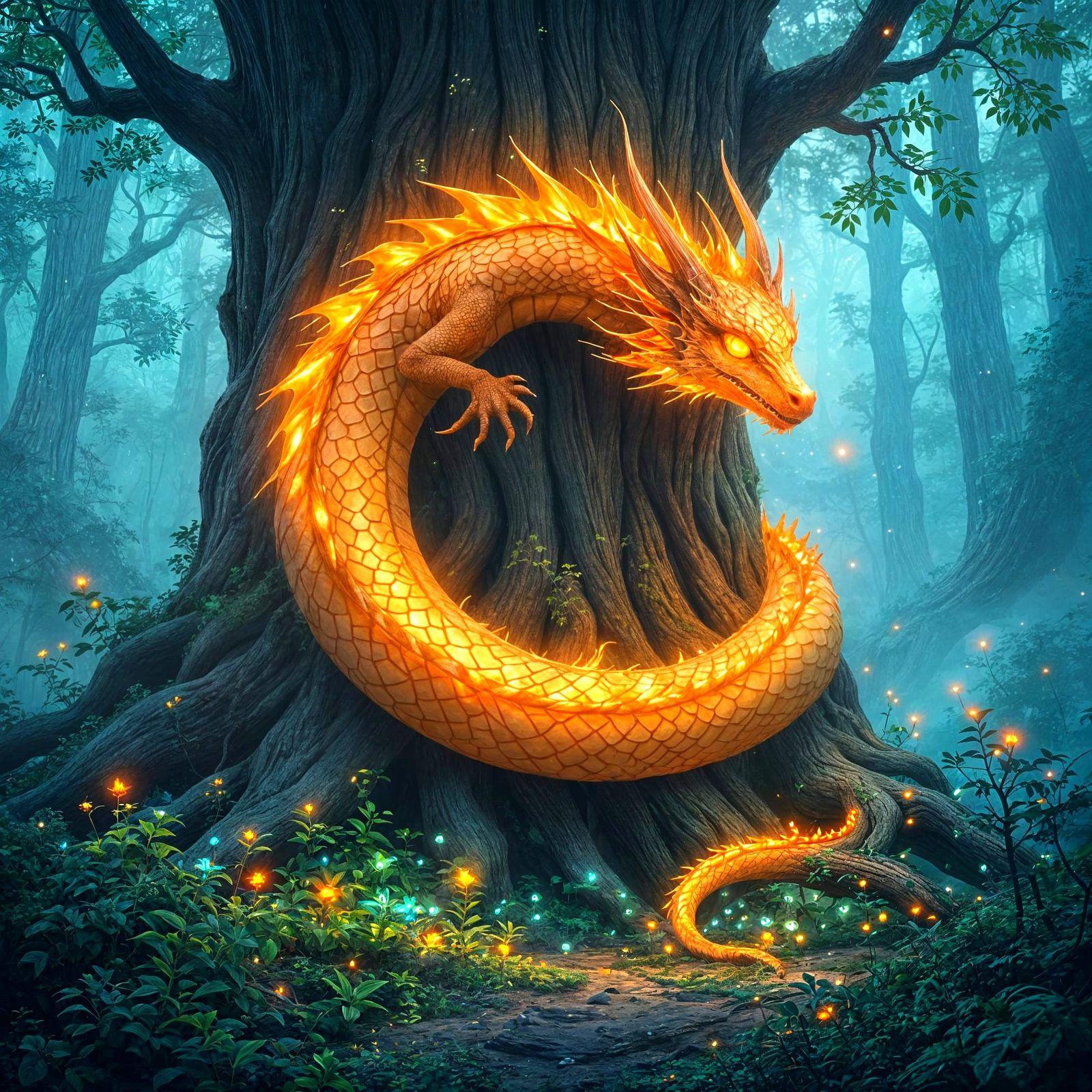 Bioluminescent Dragon in Enchanted Forest, Ghibli-esque