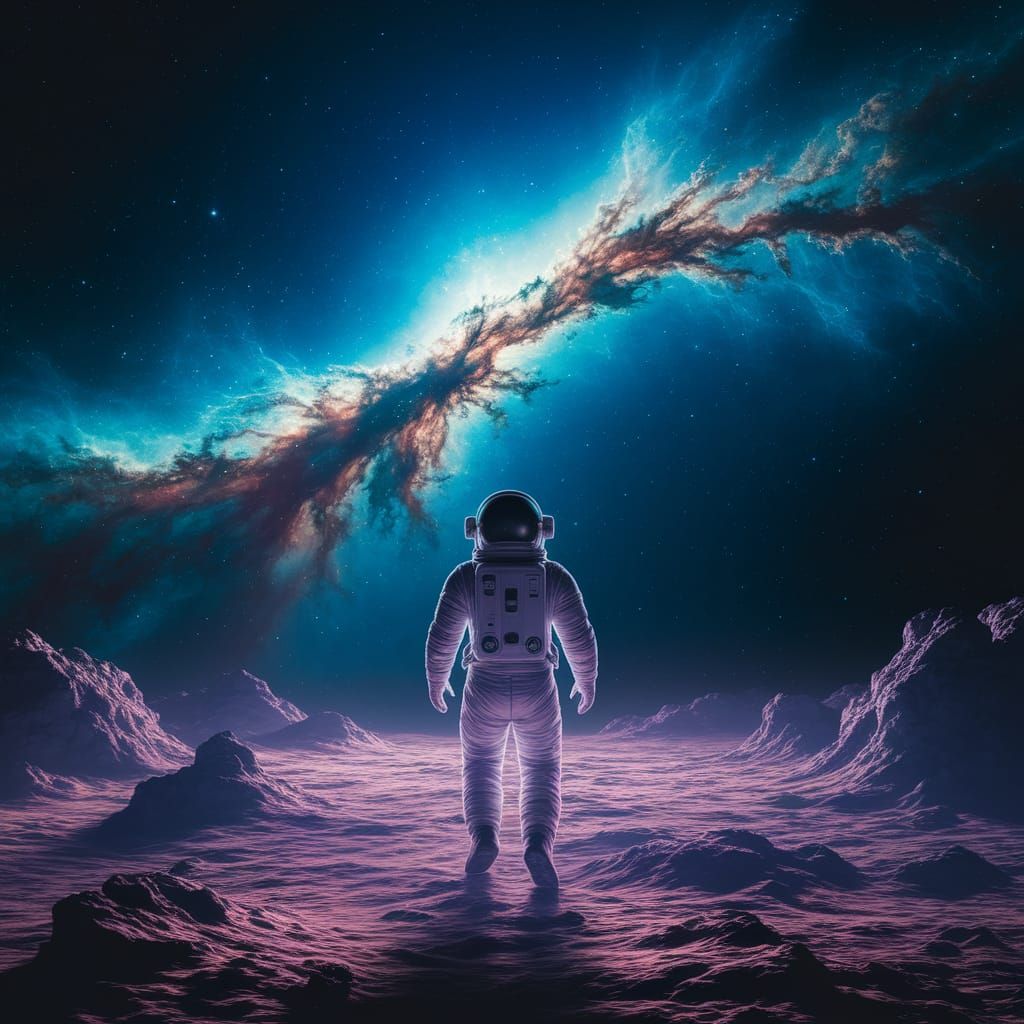 Astronaut Gazing at Blue Nebula in Space