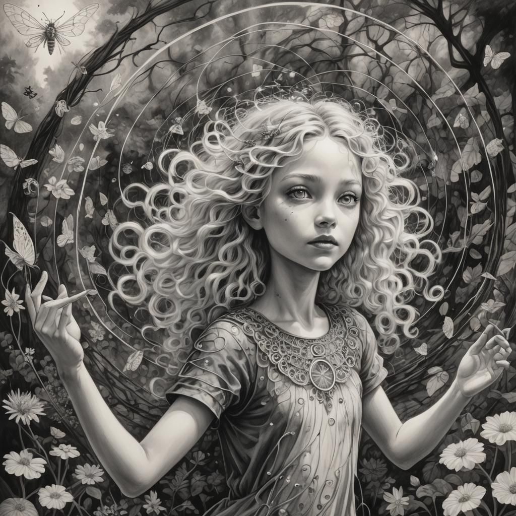 Girl Communicating with Spirits in Hyperdetailed Charcoal Dr...