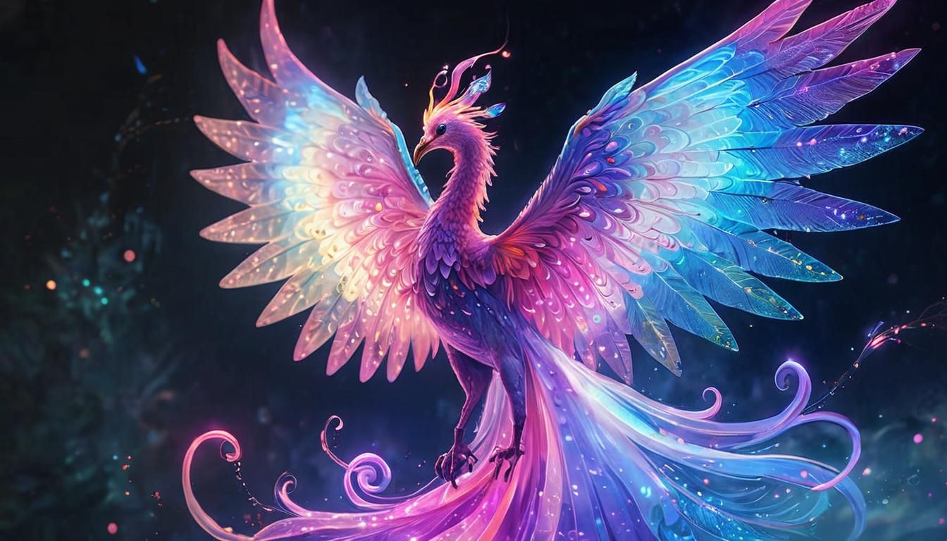 Fairy Phoenix with Iridescent Wings in Surreal Oil Painting