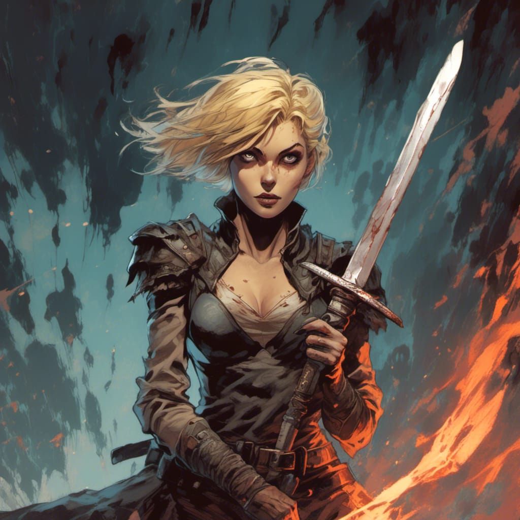 Blond Warrior Girl with Sword in Comic Book Art