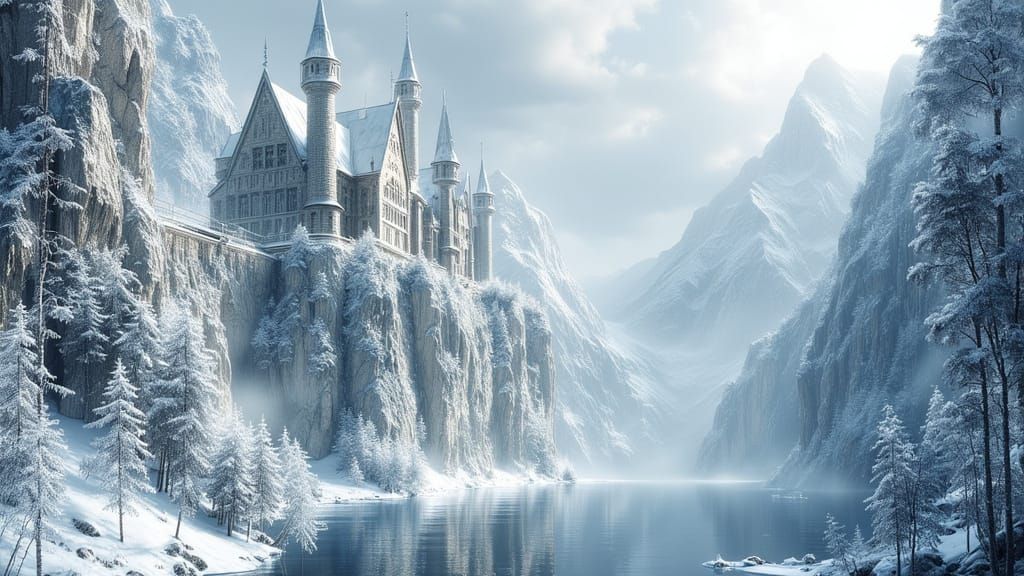 Majestic Snow Castle on Frozen Canyon Edge