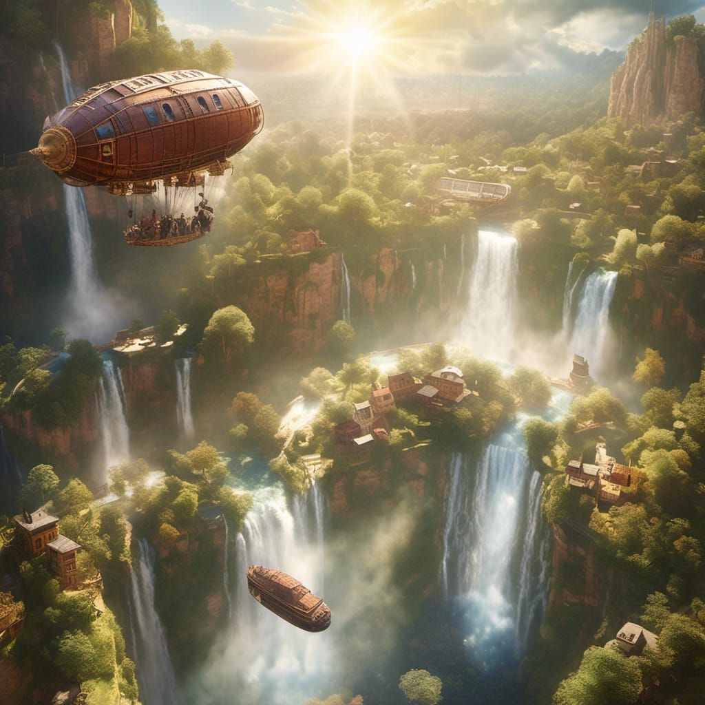 Old West Steampunk Scene with Sunlit Waterfall