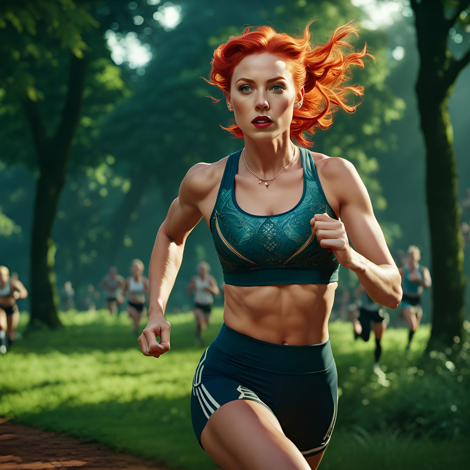 Redhead Lady Running in Park: Detailed Matte Painting