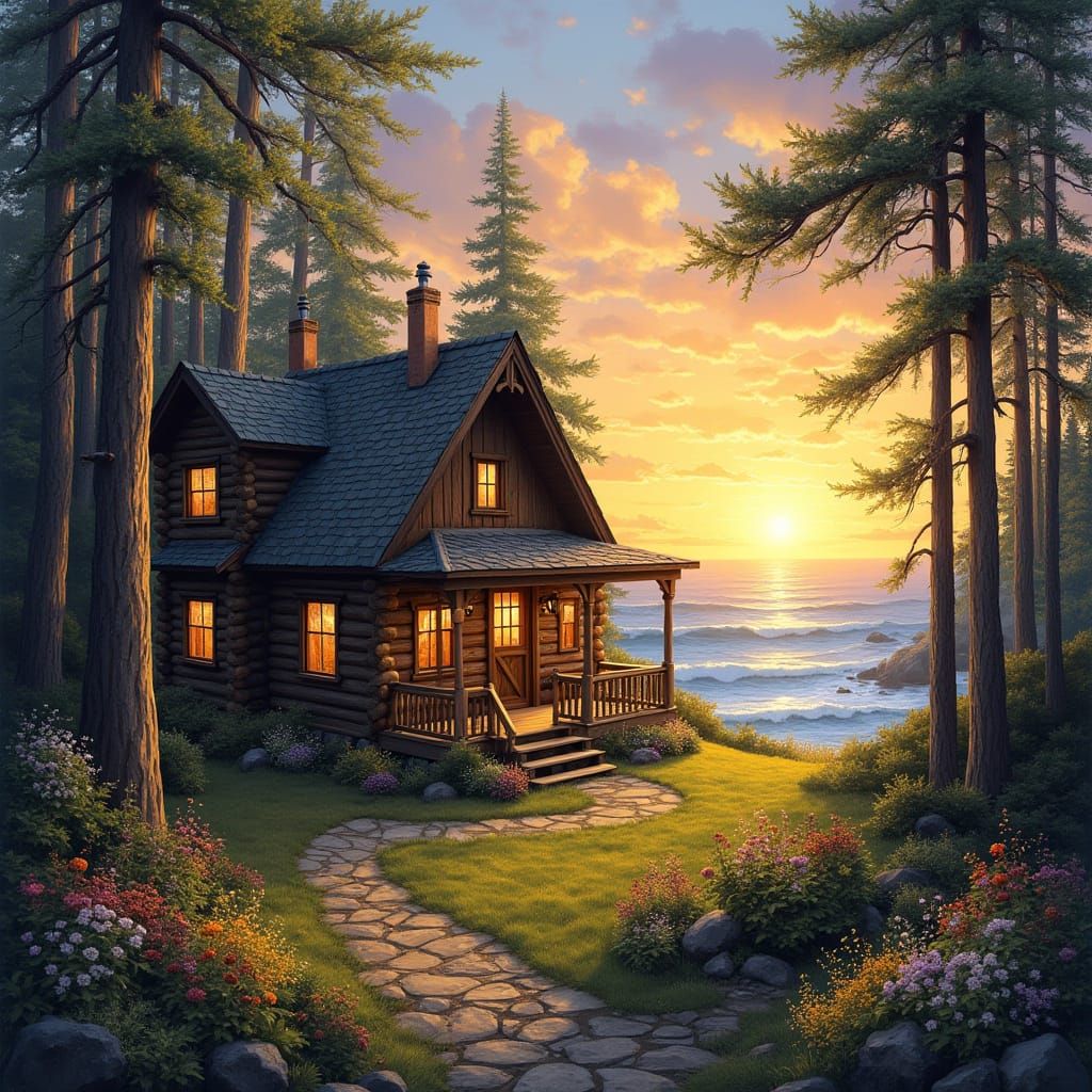 Sunset Cabin in Forest, Impressionistic Style