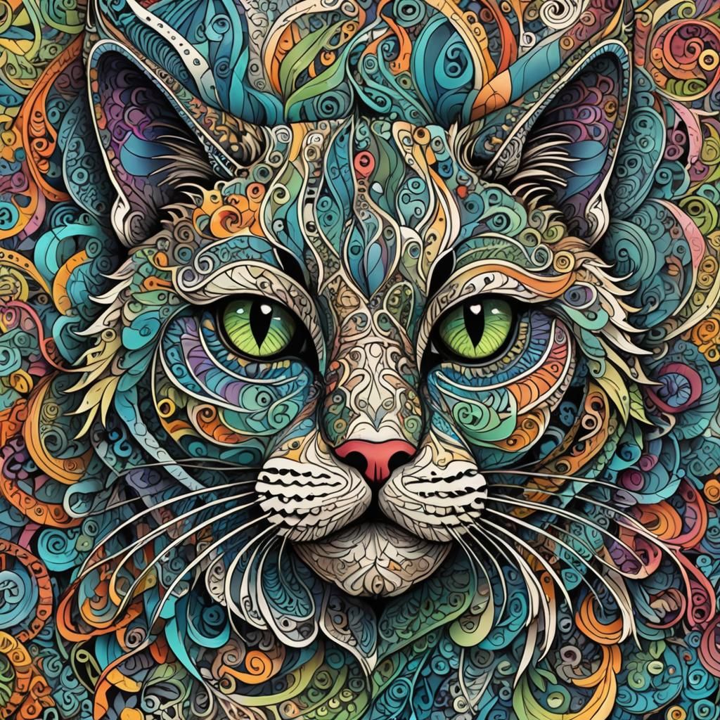 Zentangle Cat Face in Cool Color Spectrum