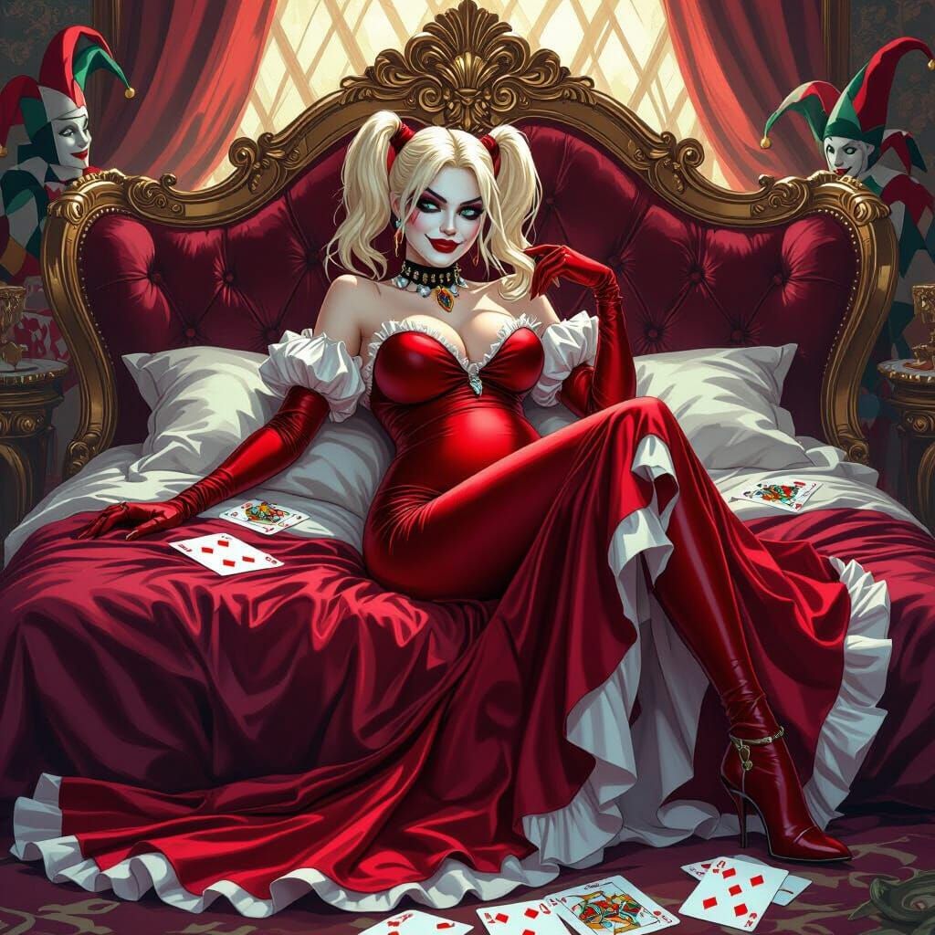 Harley Quinn Reclining in Red Gown, Illustrative Art