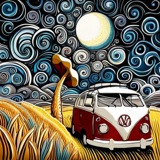 Chibi Bank Robber Driving VW Car in Mixed Media