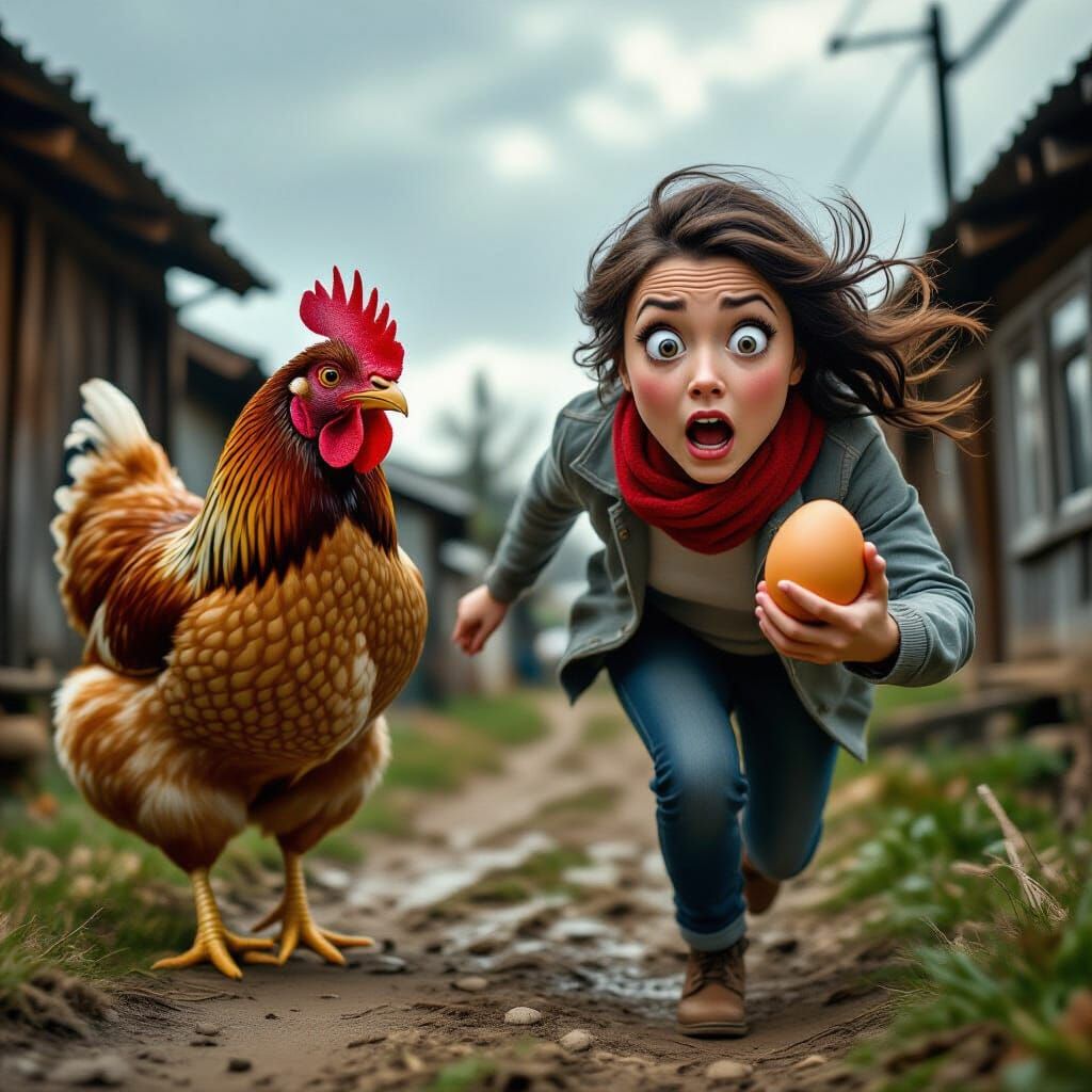 Woman Flees Giant Chicken in Village Yard