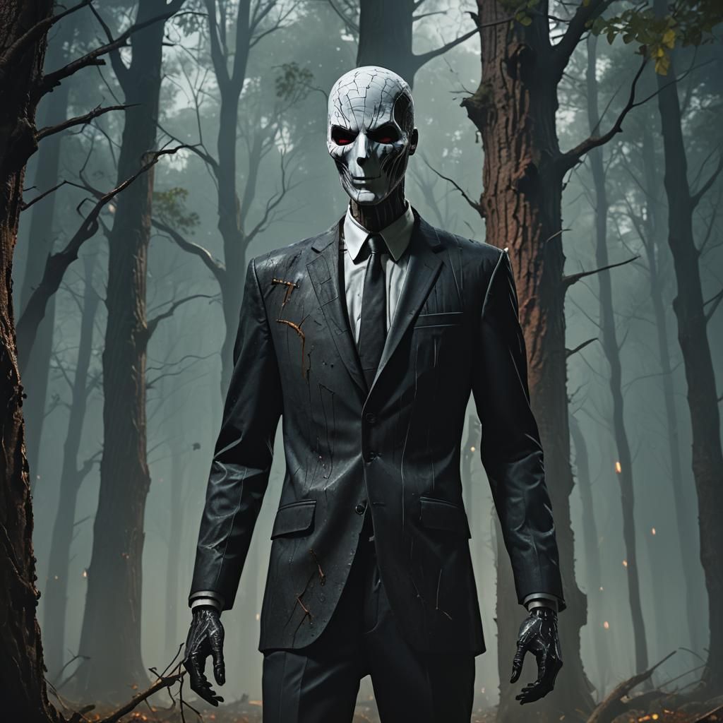 Eerie Slenderman in Misty Forest: Digital Splash Art