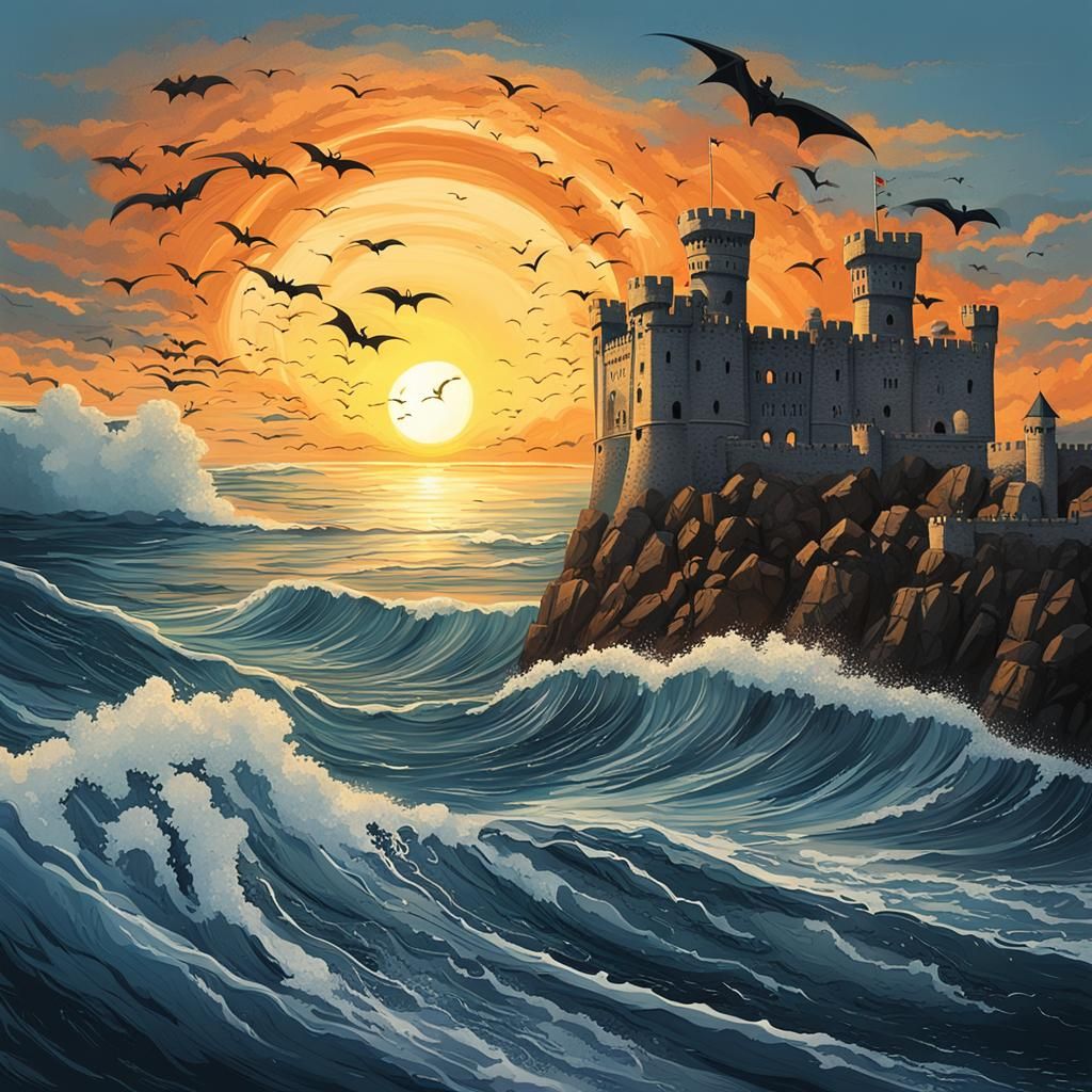 Castle Under Sunset With Crashing Waves and Bats